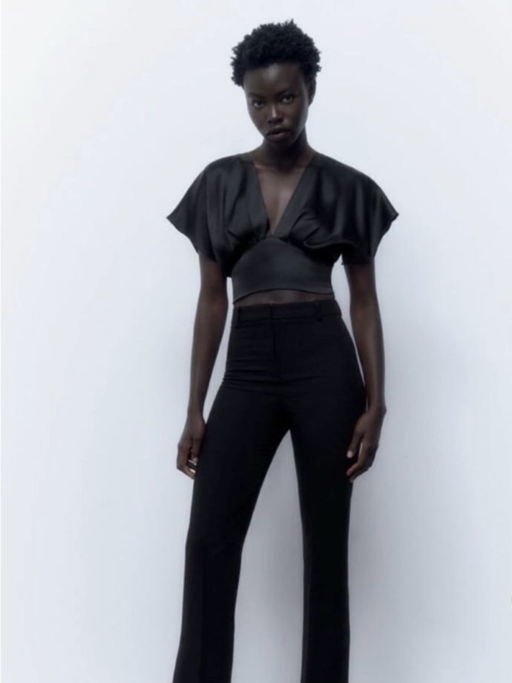 Zara Black Draped V-Neck Cropped Top